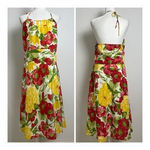 NEW Ann Taylor LOFT Yellow Pink Vibrant Floral 100% Silk Halter Dress Size 14